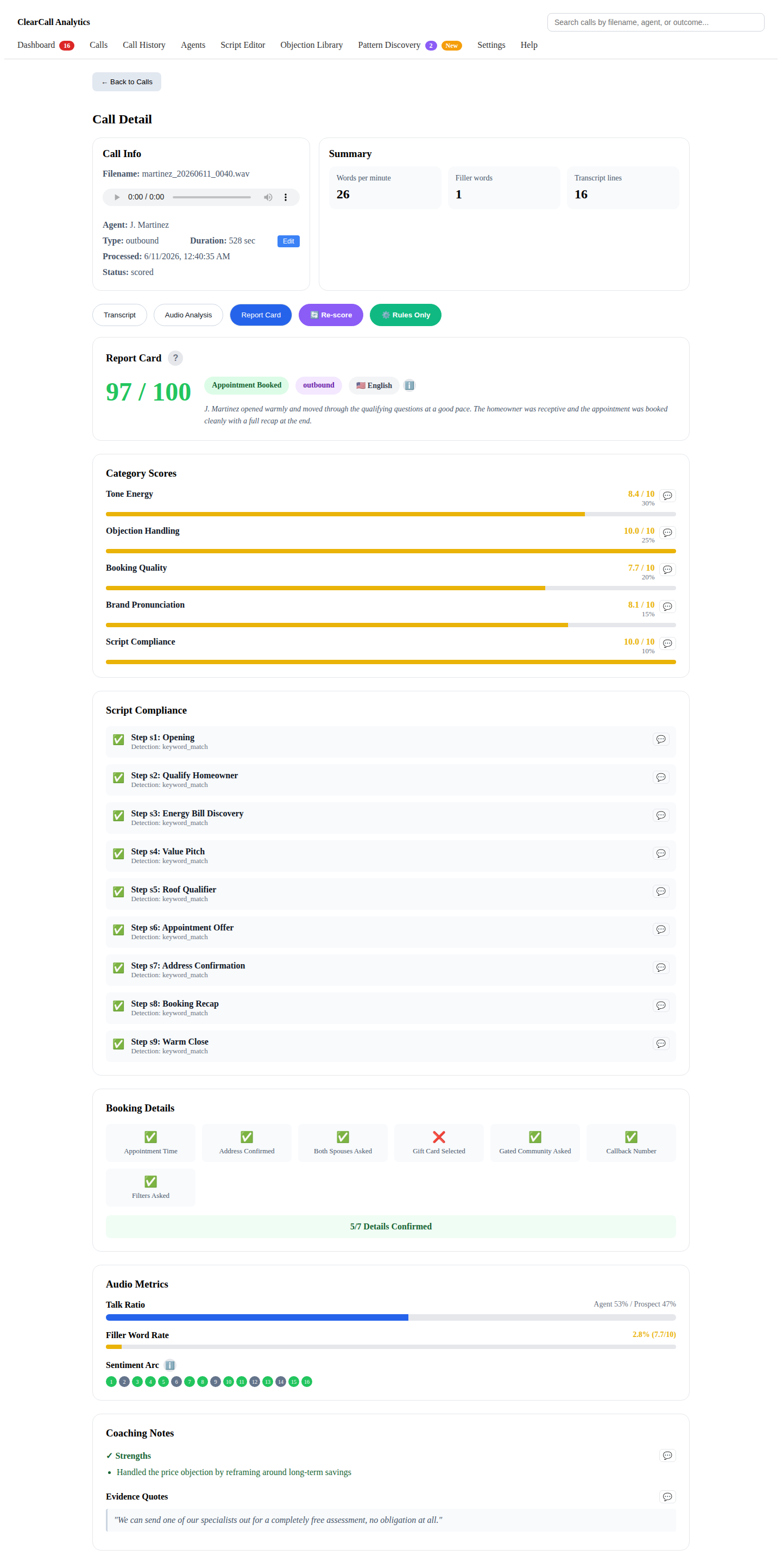 Call report card with category scores, script compliance checklist, and coaching notes